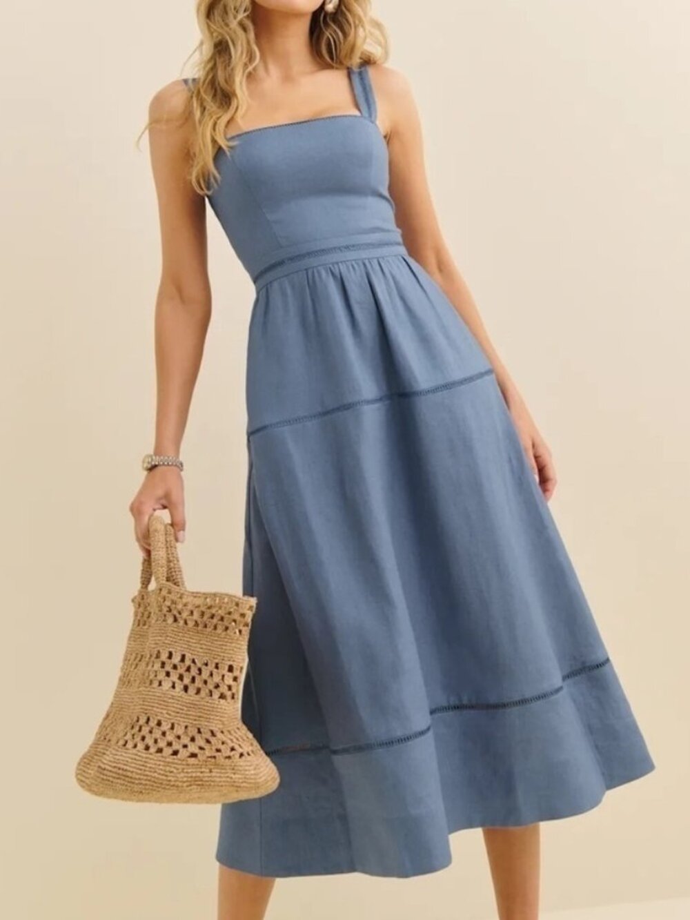 NEW Reformation Everett Linen Midi Dress Cornflower Blue | US 2 UK 6 - Picture 5 of 16